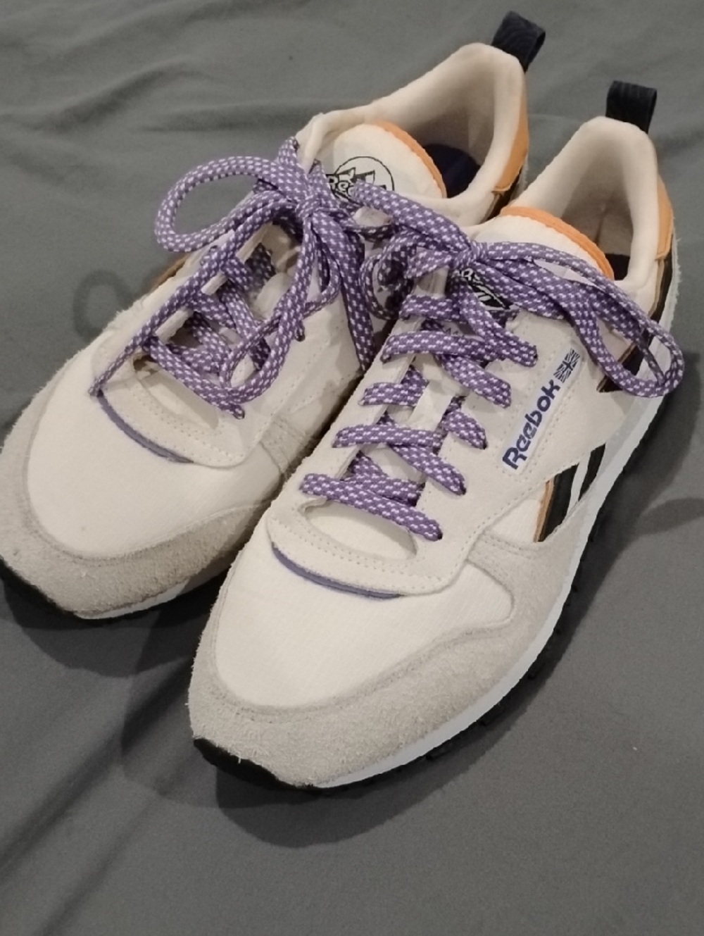 Reebok White Sneakers with Purple Laces and Black Accents
